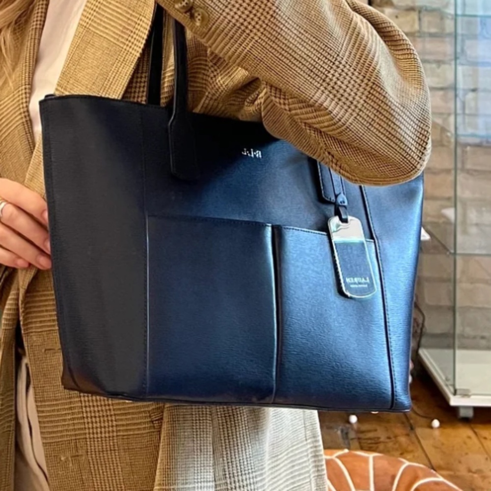 Lauren Ralph Lauren Black Leather Shoulder Tote with Front Pockets